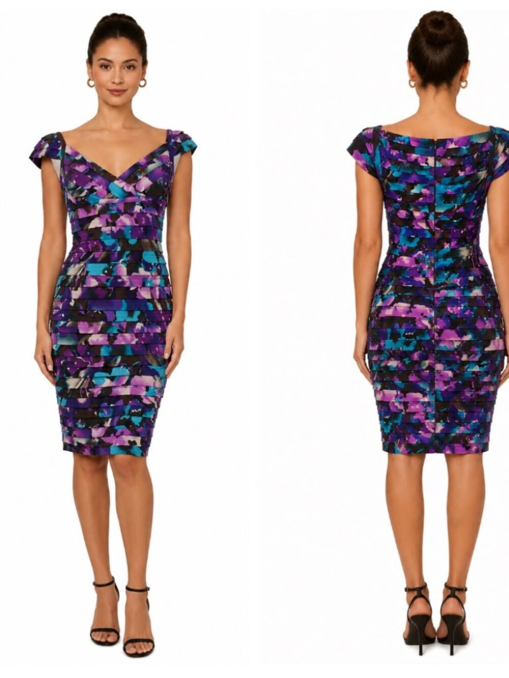 NWT Adrianna Papell Floral Tiered Pleated Sheath Dress Purple Teal Size 10